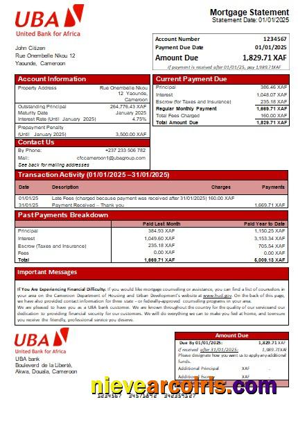 Cameroon UBA bank mortgage statement